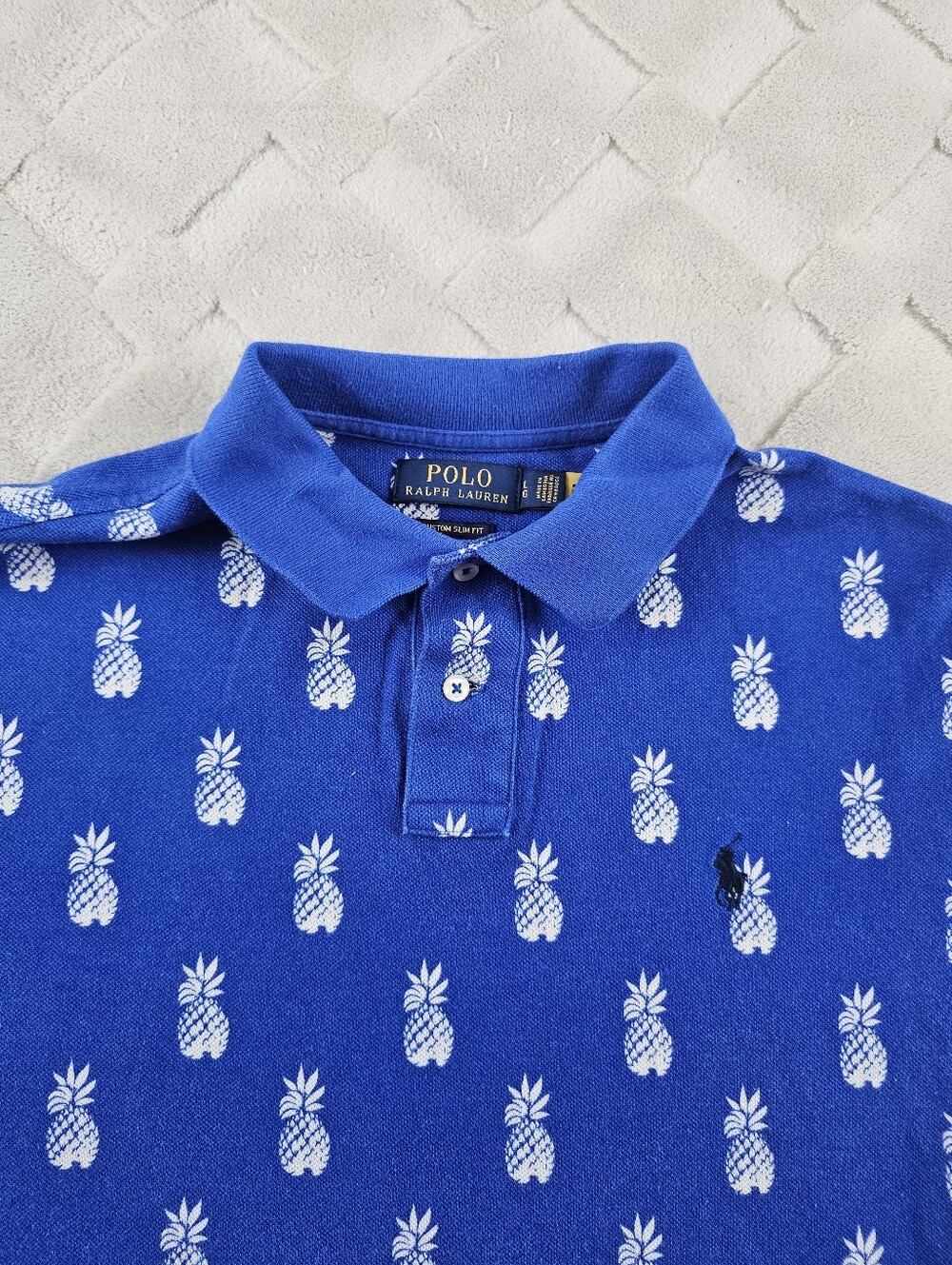 Polo Ralph Lauren Custom Slim Fit Polo Shirt Mens Large Pineapple Print Blue